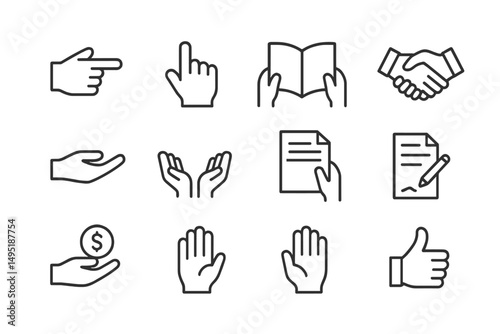 Vector illustration featuring hands engaged in various activities representing communication, cooperation, and transactions