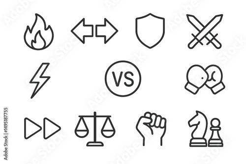 Modern vector illustration featuring symbols of conflict, balance, and competition representing various human experiences