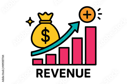 Modern vector illustration depicting revenue growth with a dollar bag and increasing graph bars