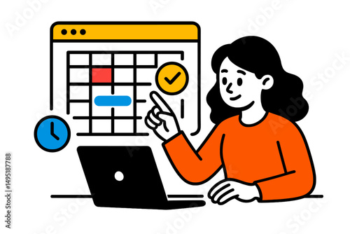 Modern vector illustration of a woman organizing her schedule using a laptop and calendar at home