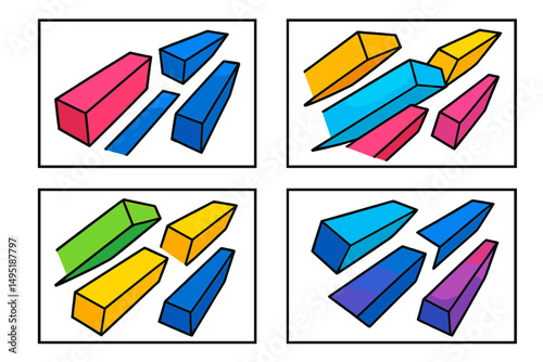 Colorful modern vector illustration of geometric shapes arranged creatively in various orientations and colors