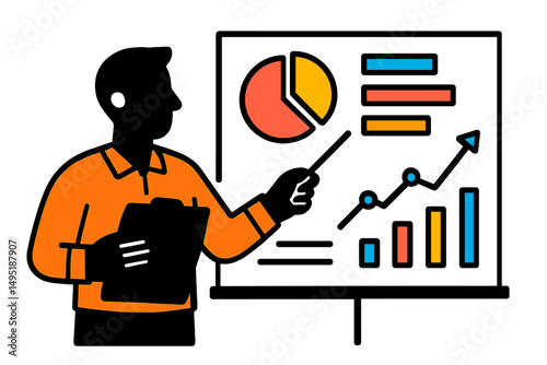 Professional presentation of business data including charts and graphs by a presenter in a modern vector illustration style