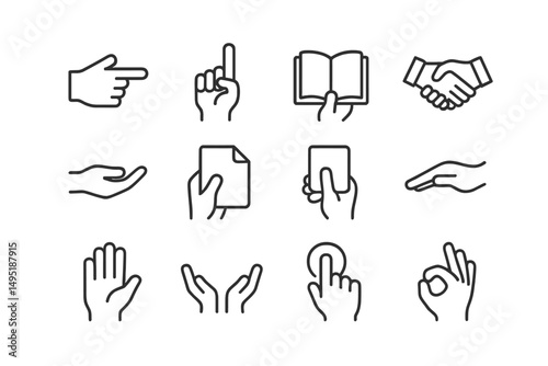 Modern vector illustration of various hand gestures used in communication and interaction in a minimalist design style
