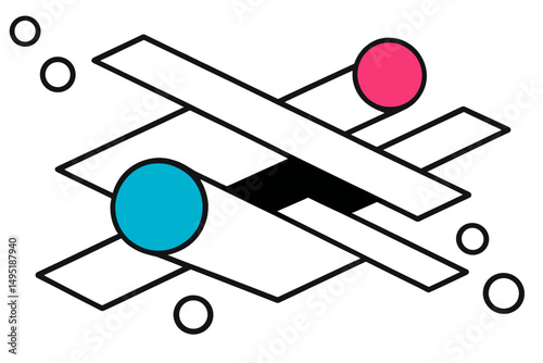 Modern vector illustration of intersecting shapes and colorful circles in a minimalist design