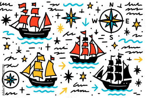 Colorful vector illustration of sailing ships and navigation elements amidst waves and stars at night