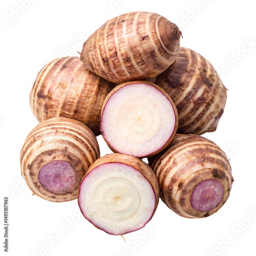 Fresh Organic Taro Root Closeup of Purple and White Taro isolated on transparent background
