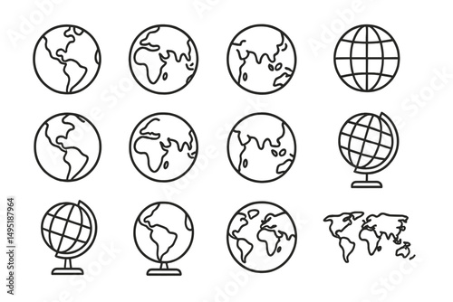 Various representations of the Earth in modern vector style showcasing continents and globes in a clean design