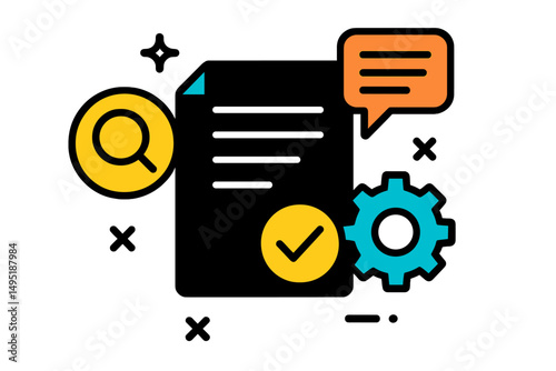 Modern vector illustration of a document with a magnifying glass, speech bubble, and gear representing analysis and feedback