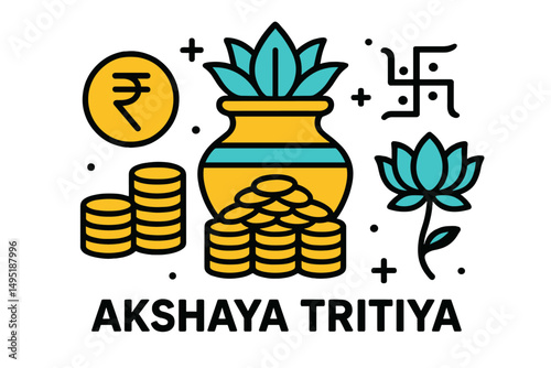 Celebration of Akshaya Tritiya with symbols of wealth and prosperity depicted in modern vector illustration