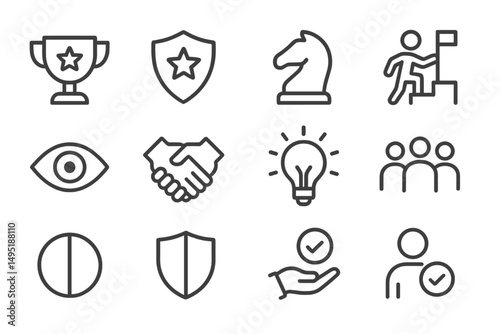 Modern vector illustration of symbols representing achievement, teamwork, and strategy in a minimalist style
