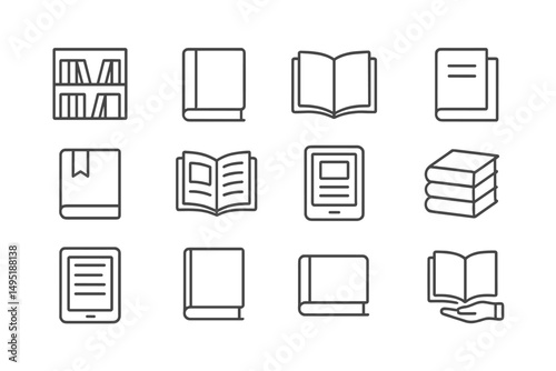 Modern vector illustration of various book types and reading materials in a minimalist style showing scholarly elements for educational themes