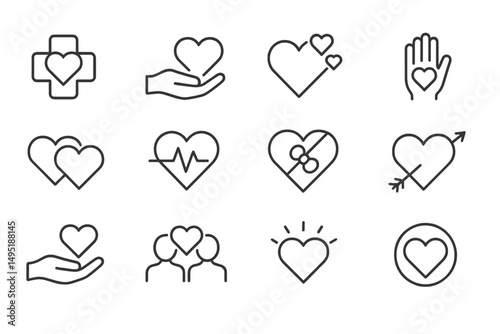 Modern vector illustrations of various heart symbols depicting love, health, and connection in a minimalist style