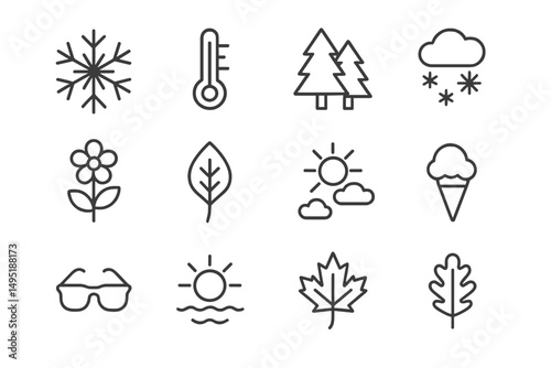 Modern vector illustration showcasing seasonal icons representing winter, spring, summer, and fall in a simple and clean design
