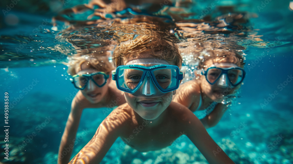 Naklejka premium Children scuba diving underwater in a beautiful island beach.
