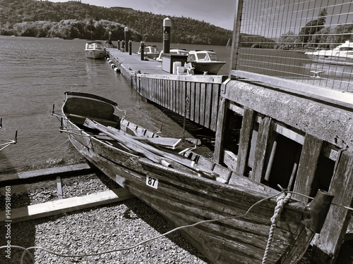 Rowing Boat on the shoreline -jetty -Bowness on Windermere-in monochrome

