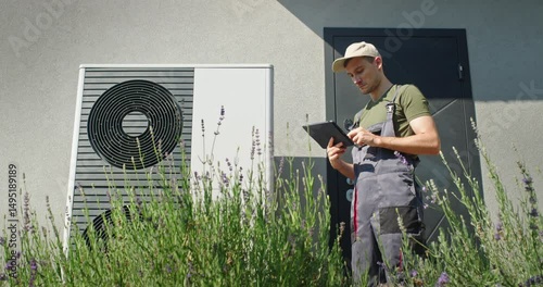 Male technician in uniform inspects a heat pump unit by the house using a tablet, standing in front of lavender plants in bright sunlight
