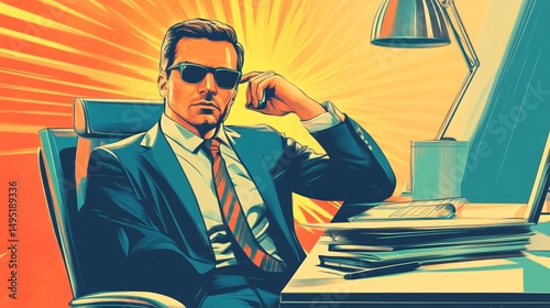 Confident businessman wearing sunglasses sitting at his desk with stack of folders and laptop, touching his head