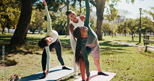 Canvastavla Outdoor, instructor and women with stretching for yoga, wellness and chakra with support for balance