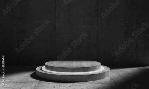podium stage stand showcase product sale present concrete cement circle round shadow black color advertisement marketing industry exhibition display surface empty blank mockup minimal silhouette