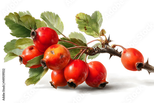hawthorn berries on a small branch with green leaves on white background