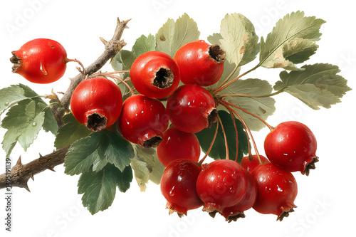 hawthorn berries on a small branch with green leaves on white background