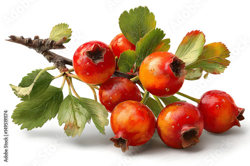 hawthorn berries on a small branch with green leaves on white background