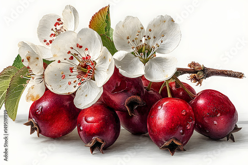 hawthorn berries and blossom on a small branch with green leaves on white background