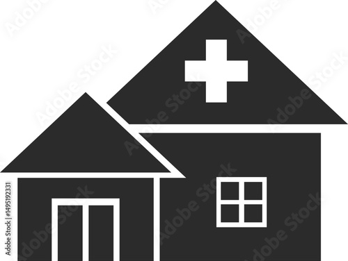 hospital building with cross icon in dark grey and clear background, editable vector illustration