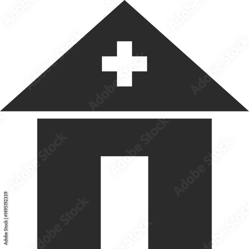 hospital building with cross icon in dark grey and clear background, editable vector illustration