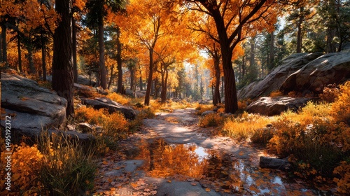 Vibrant autumn landscape showcasing golden leaves, reflecting water, and sunlit forest path in the early afternoon