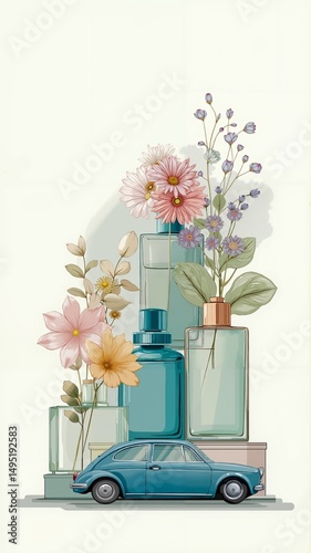 A blue car sitting next to a bunch of bottles of perfume and flowers
