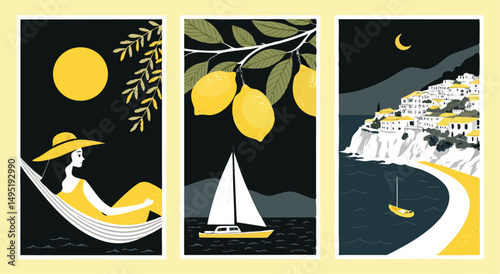 Mediterranean Summer Minimalist Art – Hammock, Lemons, Seaside Village & Sailboat