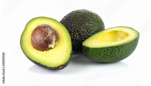Whole avocado with pit isolated on white background for food photography or healthy eating concept