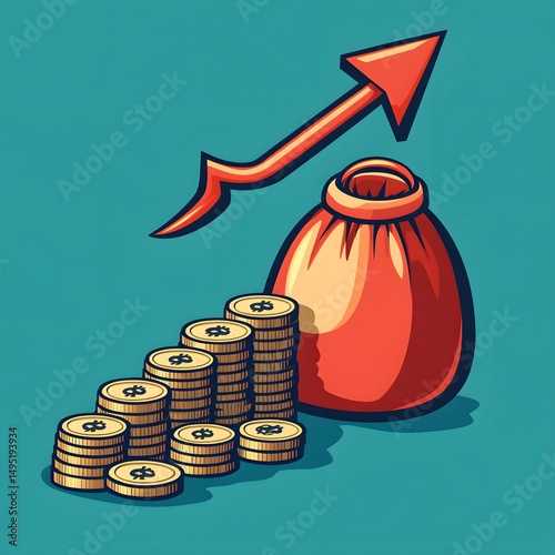 Stylized illustration of rising coin stacks, money bag, and upwa