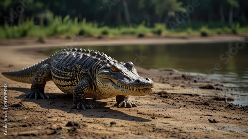 Croc on sandy shore, forest background, wildlife, nature, digital illustration
