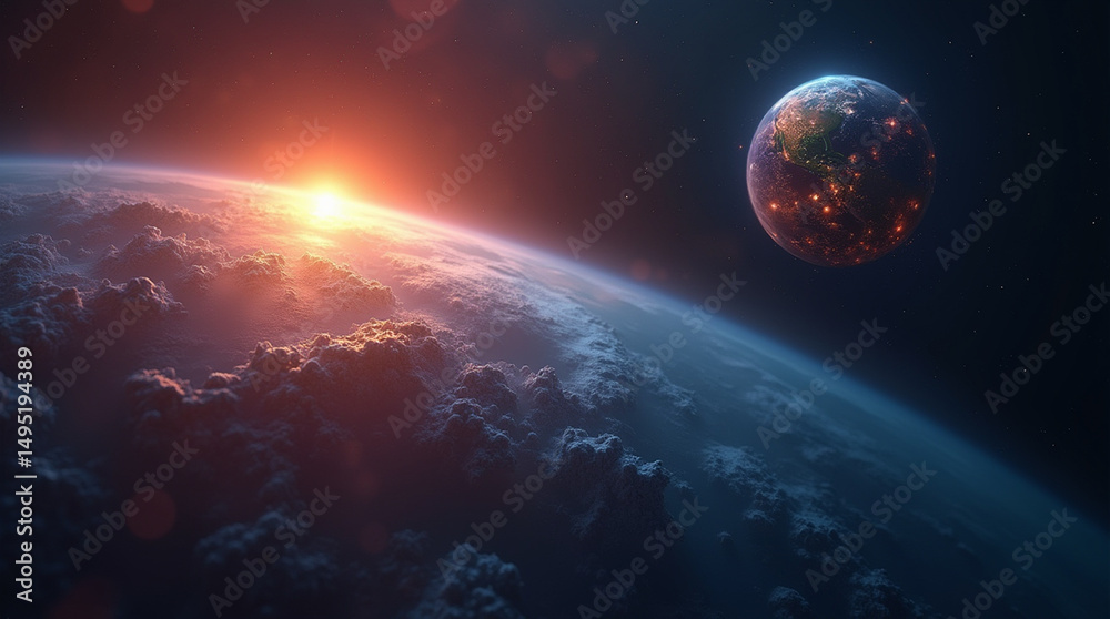 Obraz premium Close-up from space of Luma, a small glowing star, watching over the vibrant Earth below, soft glowing atmosphere, fantasy microphotography style