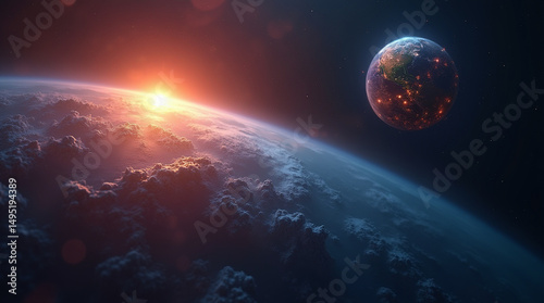  Close-up from space of Luma, a small glowing star, watching over the vibrant Earth below, soft glowing atmosphere, fantasy microphotography style