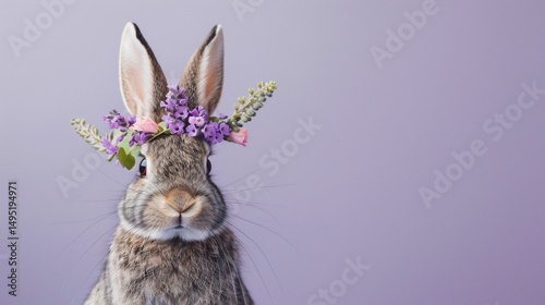 Cute rabbit with floral headband on a purple background