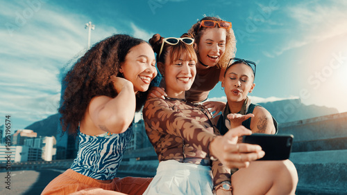Konstfotografi Gen z girl, selfie and friends on bridge, edgy clothes or smile for bonding in streetwear for fashion in summer