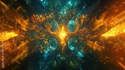 The Big Tree of Life, glowing with cosmic energy, stands at the threshold of the terrestrial and celestial realms, with its branches forming pathways to other worlds.
