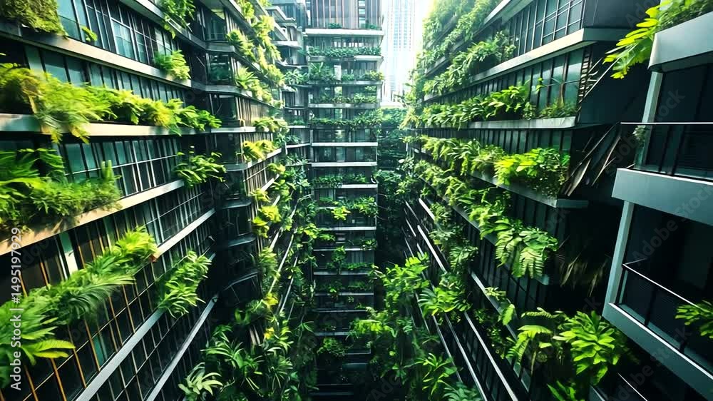 Lush vertical gardens envelop modern architecture in an urban setting, showcasing nature's beauty