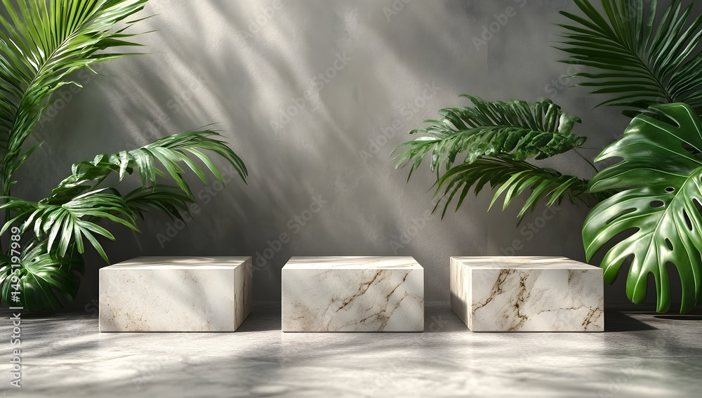Fototapeta premium Three marble cubes amidst tropical foliage casting shadows on a
