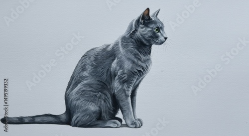 Elegant Russian Blue Cat Portrait with Emerald Eyes and Subtle S photo