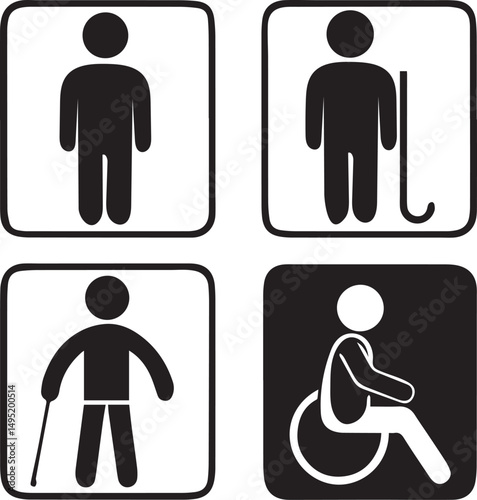 diverse disabilities icons person white cane wheelchair hearing device child
