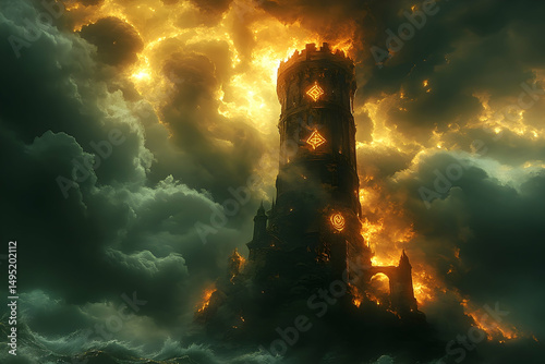 Tall, dark tower rises amid swirling, fiery clouds with light glowing through windows in fantasy landscape art