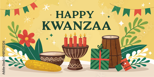 kwanzaa celebration vibrant colors traditional african instruments djembe drum