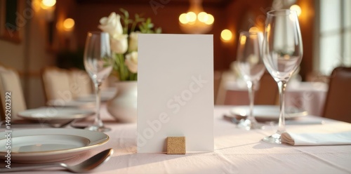 Blank wedding table number card mockup on elegant table setting , invitation, table number