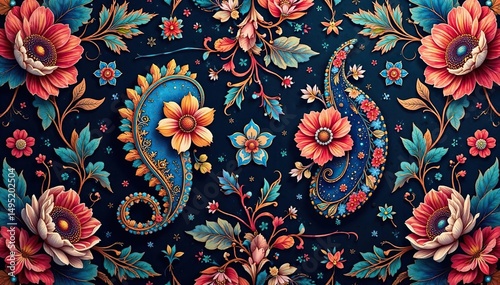Intricate paisley floral pattern, rich jewel tones, swirl, leaf