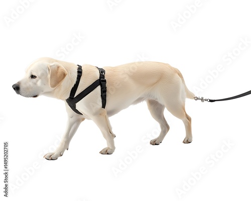 A light colored dog wearing a harness and attached to a leash