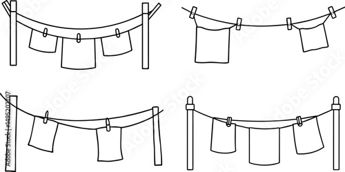 Set of clothesline outline illustration, coloring book page, line art